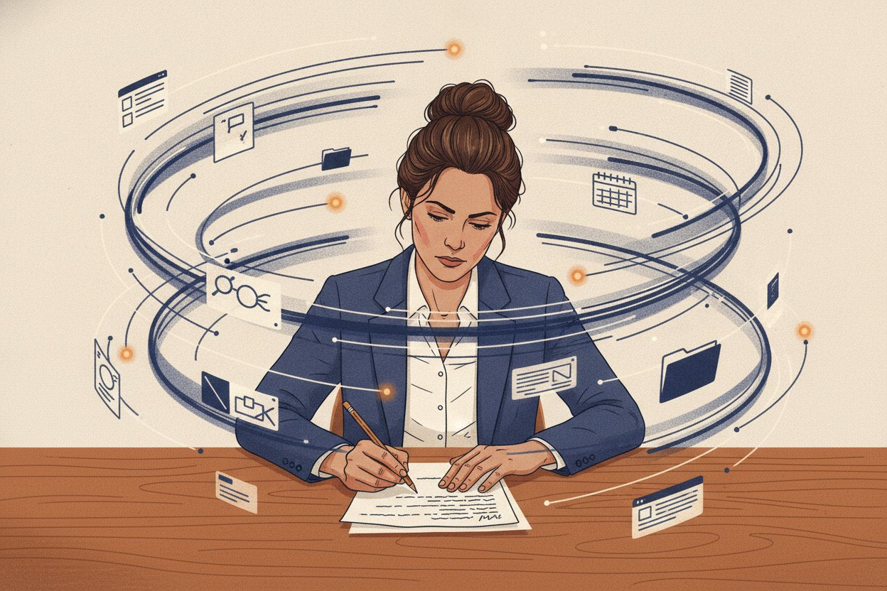 Une éditrice travaille sur un manuscrit tandis que des flux numériques organisent les tâches documentaires autour d’elle, illustrant une IA qui assiste sans remplacer le jugement éditorial.