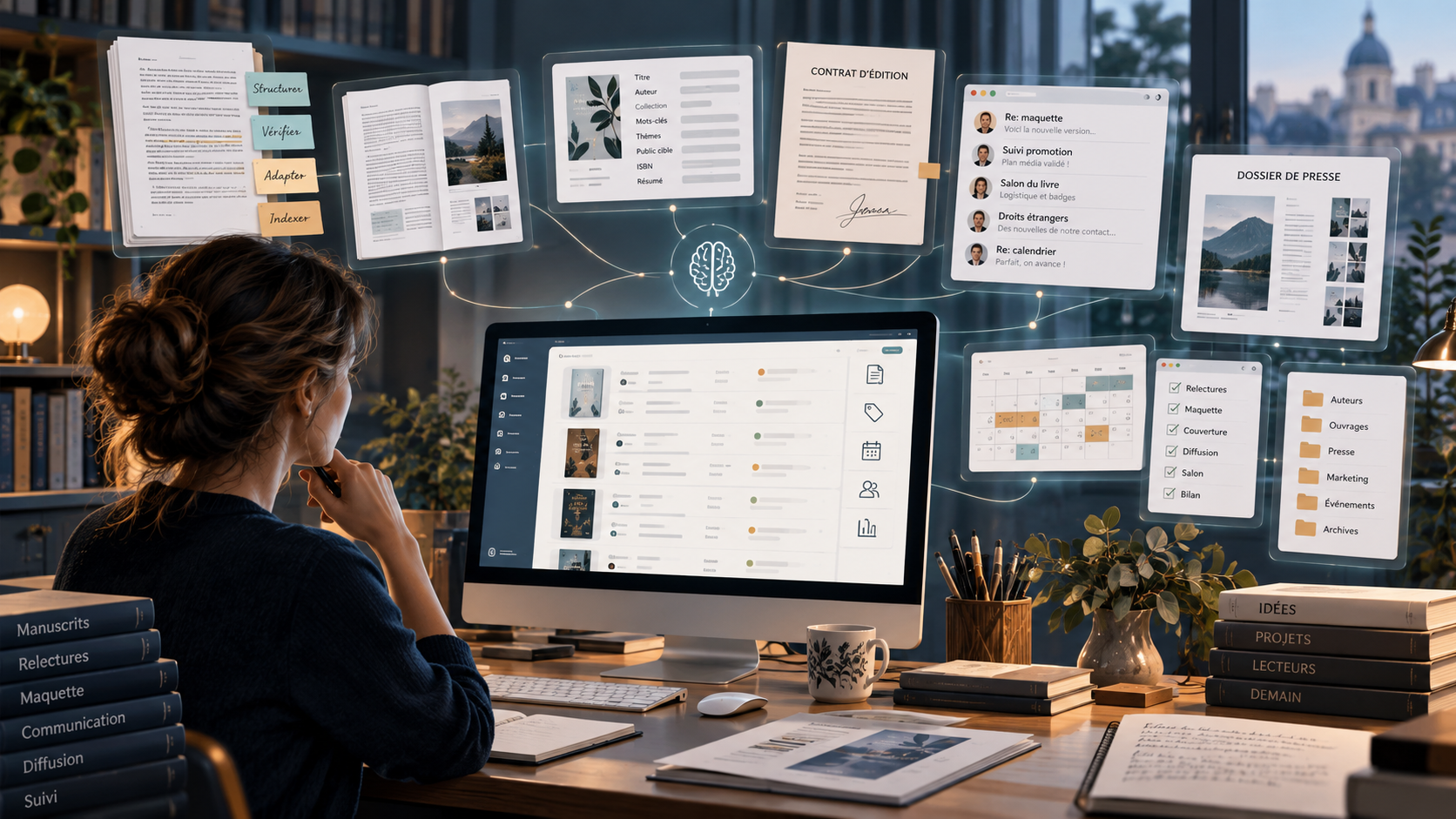 Bureau éditorial avec manuscrits, métadonnées, contrats, courriels et outils reliés par une intelligence artificielle.
