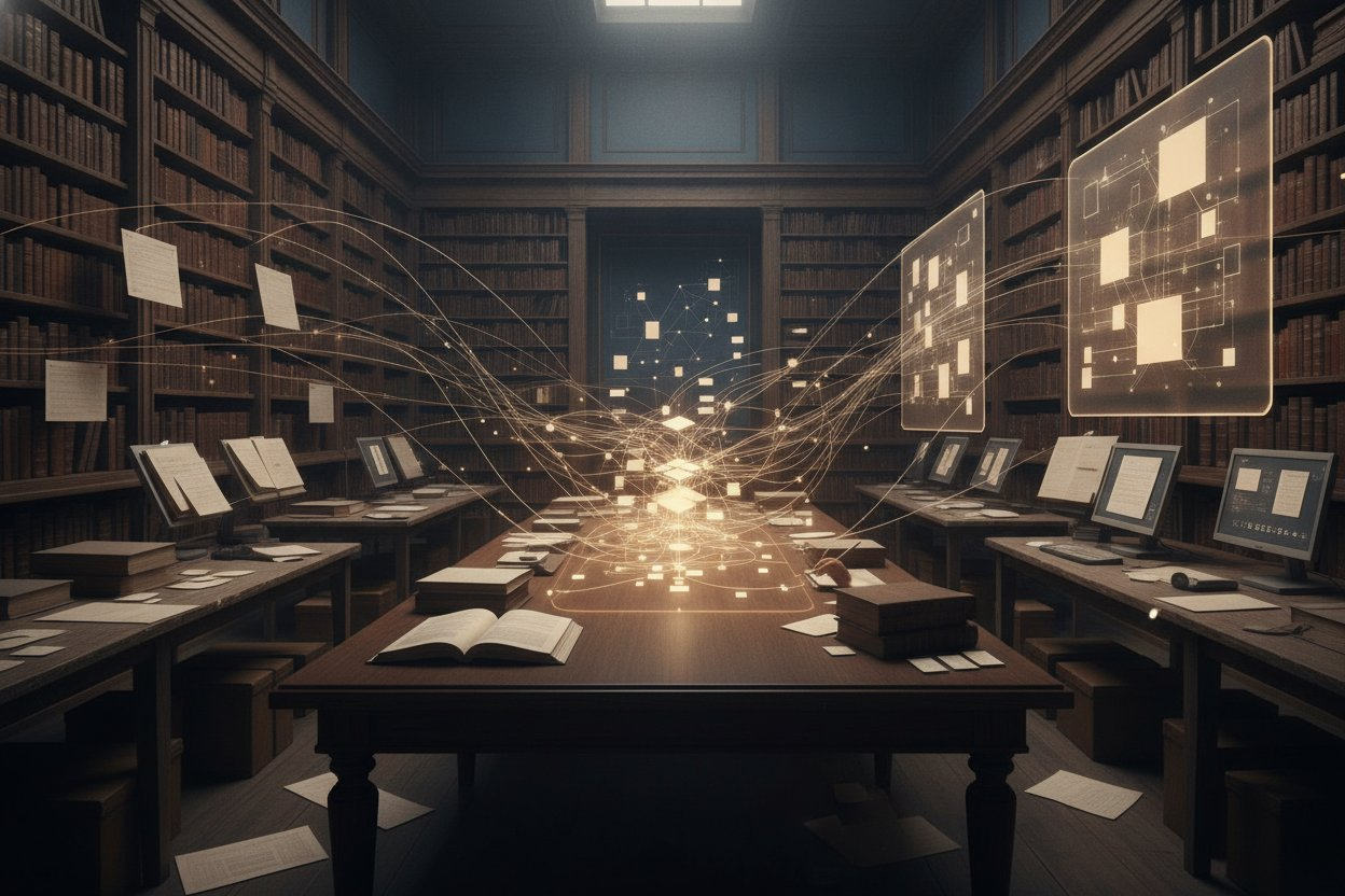 Des livres, dossiers et documents dispersés convergent vers une carte de connaissances structurée, illustrant la mémoire documentaire et la recherche sémantique d’une maison d’édition.